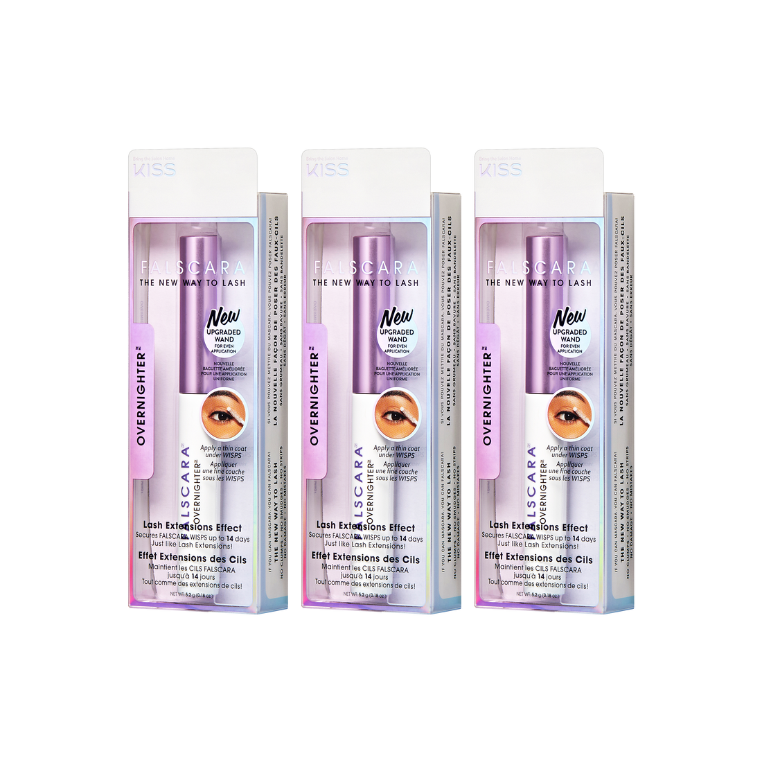 Three packaged FALSCARA Overnighter eyelash extension products with light purple caps and white tubes, featuring a new upgraded wand for even application.