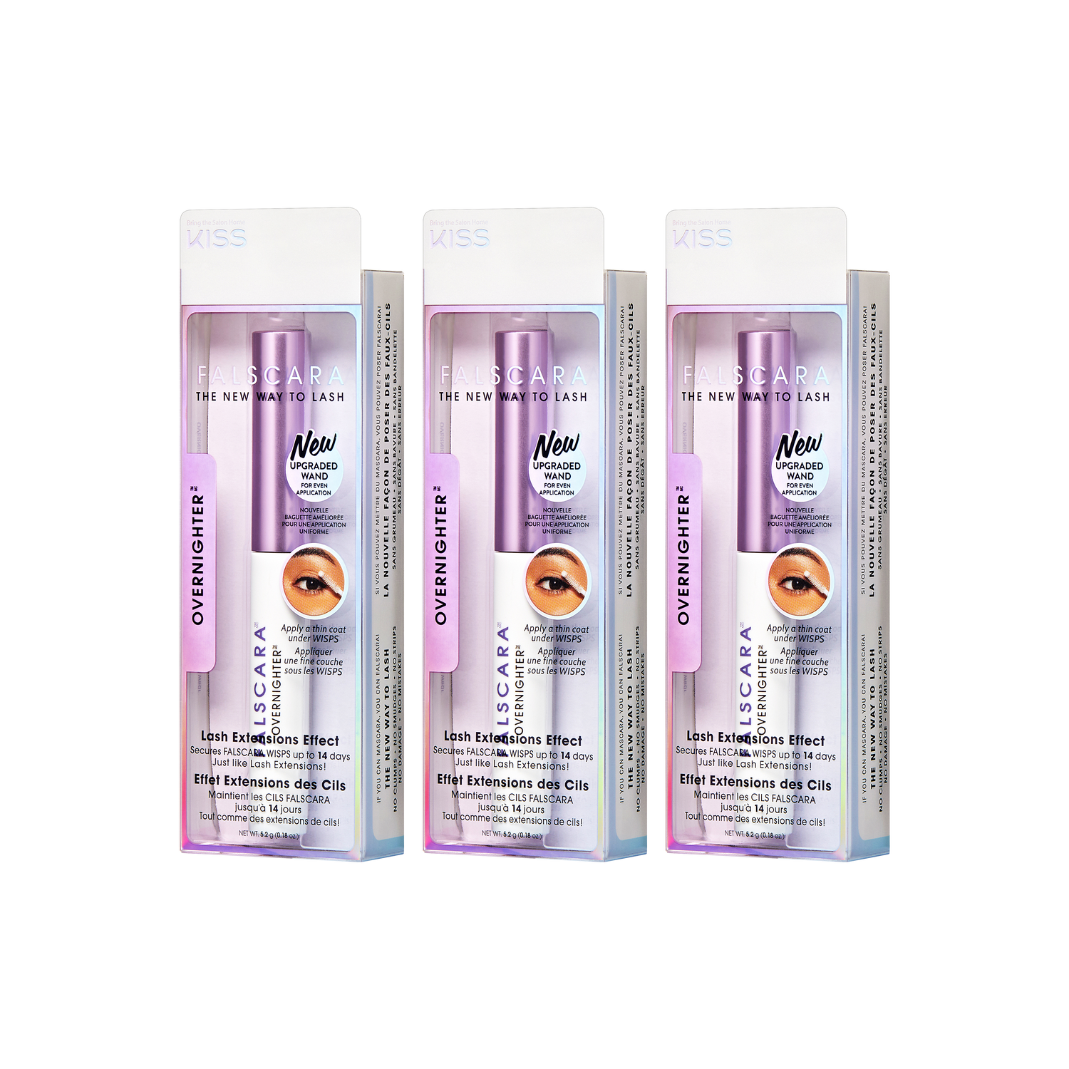 Three packaged FALSCARA Overnighter eyelash extension products with light purple caps and white tubes, featuring a new upgraded wand for even application.