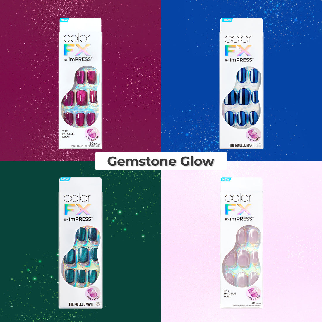 Color FX by imPRESS Gemstone Glow nail sets in magenta, blue, teal, and pink.