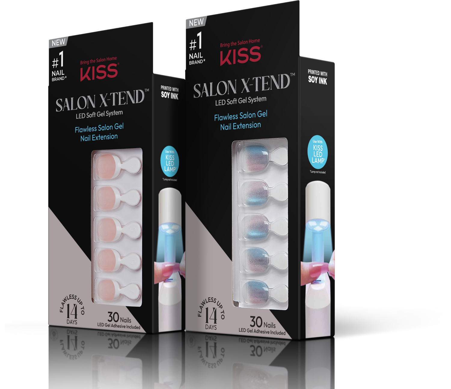 KISS Salon X-Tend LED gel nail extensions kit with lamp and adhesive, 30 nails.
