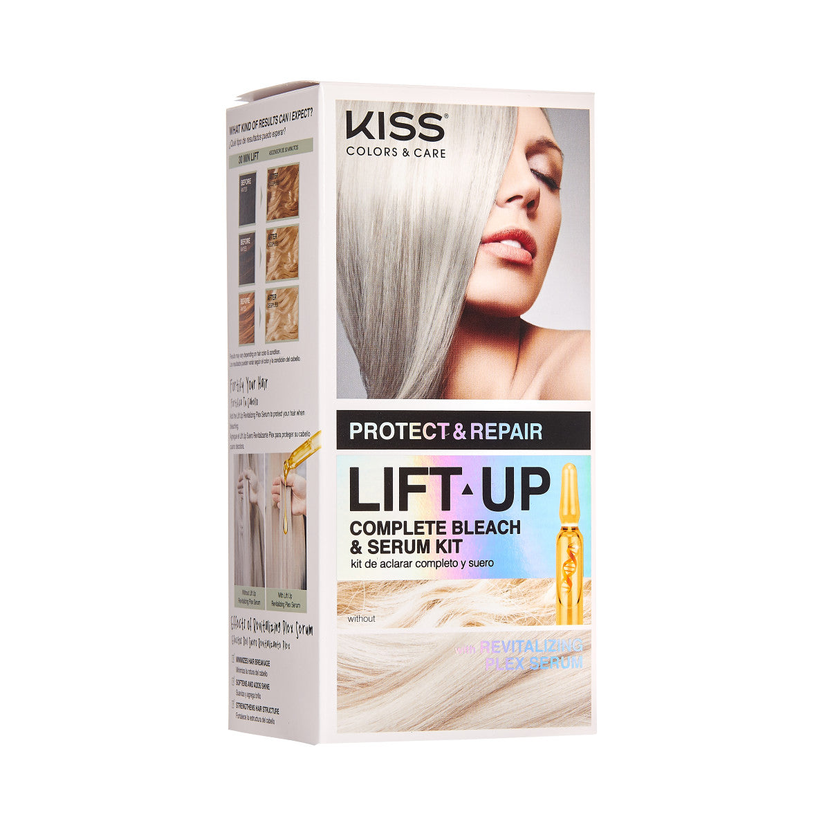 KISS Colors &amp; Care Lift Up Complete Bleach &amp; Serum Kit packaging showing a woman with platinum blonde hair, product claims to protect and repair with revitalizing plex serum.