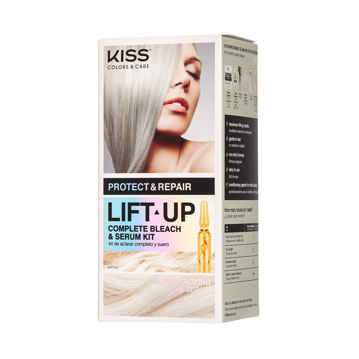 KISS Colors &amp; Care Lift Up Complete Bleach &amp; Serum Kit packaging with a woman’s face and silver hair, highlighting \