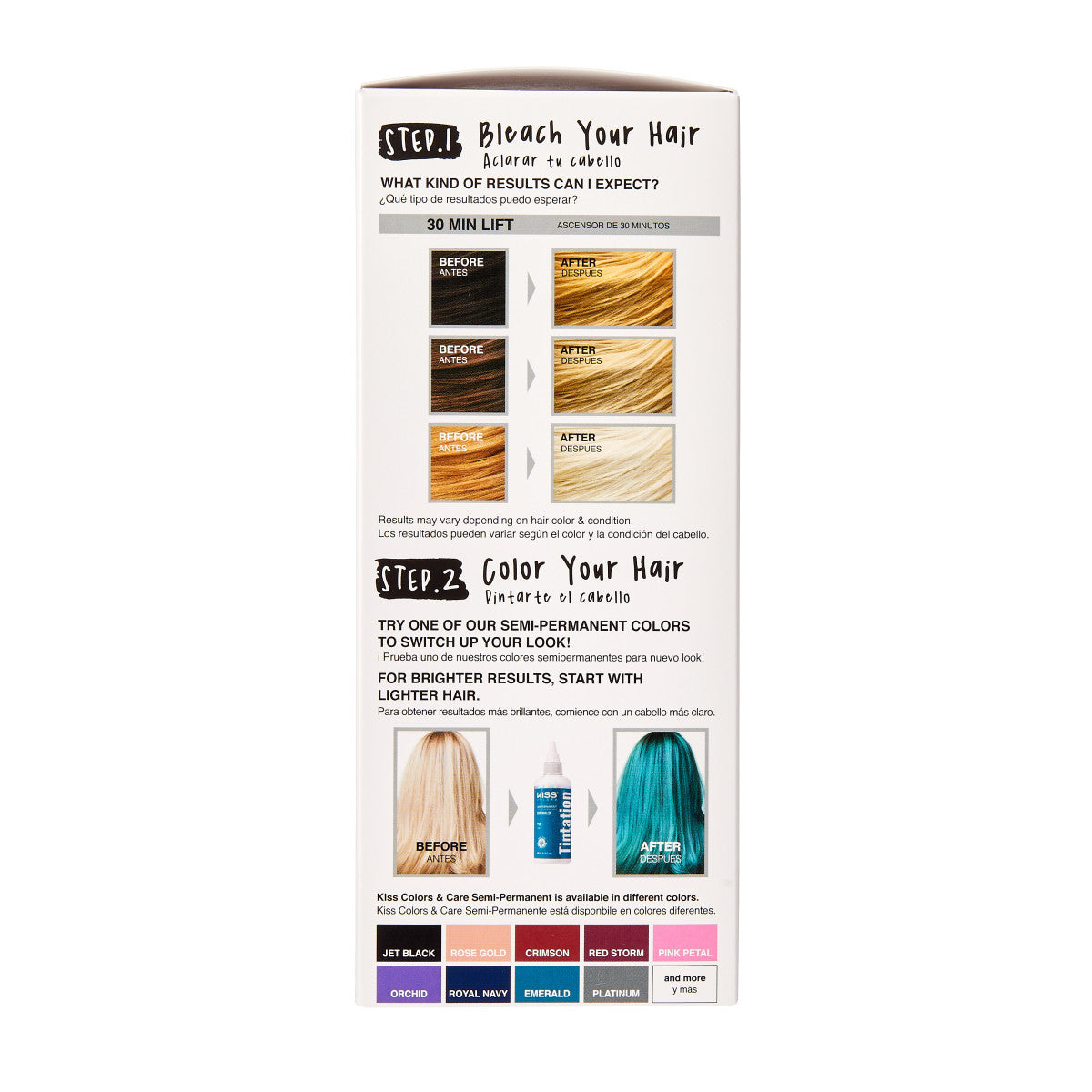 Back of KISS Colors &amp; Care bleach toner kit box showing step 1 bleaching hair with 30-minute lift before-and-after swatches, and step 2 coloring hair with semi-permanent shades including blue-green after image.