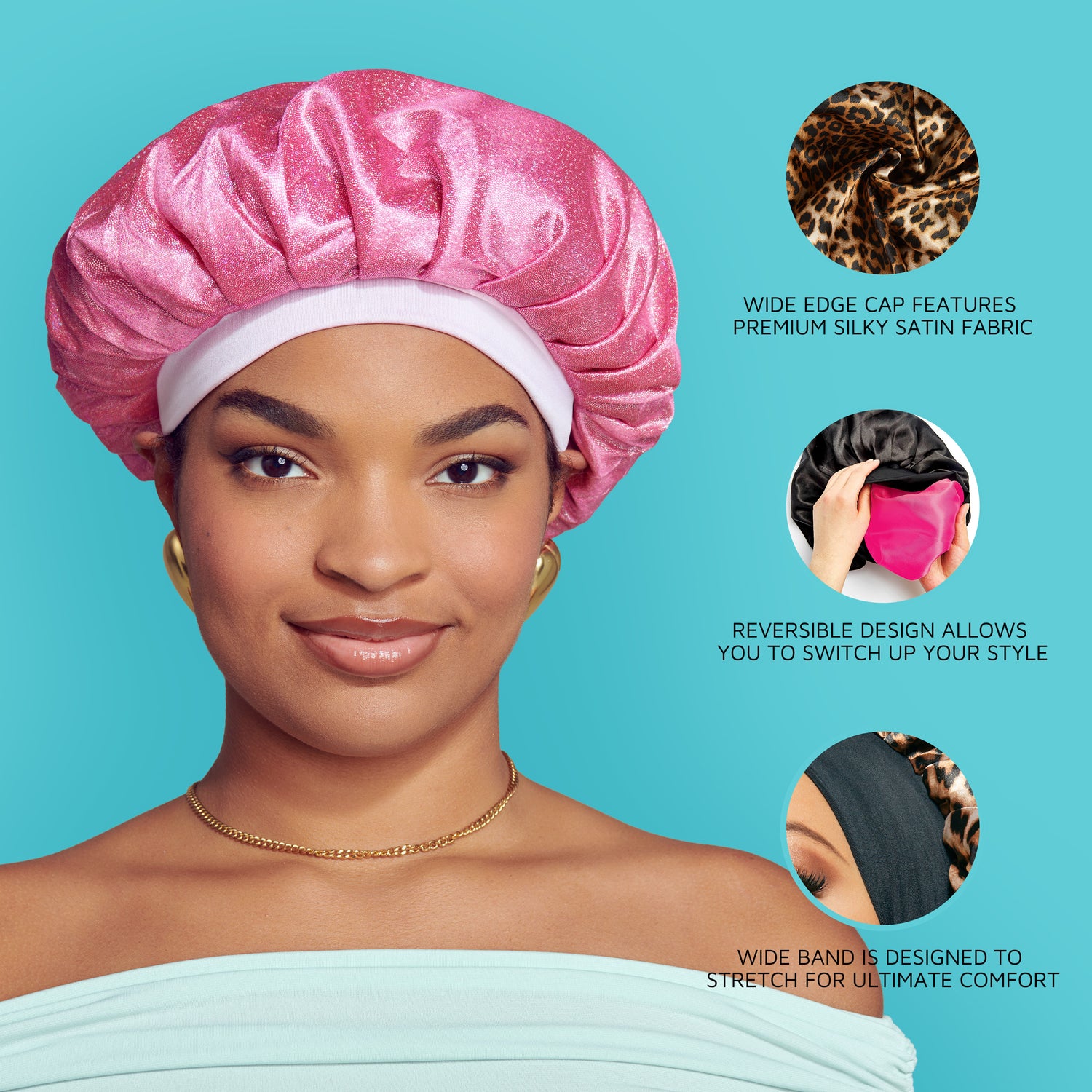 Smiling woman wearing a pink silky satin bonnet cap with white band, turquoise background. Text highlights premium silky satin fabric, reversible design, and stretchy wide band for comfort.