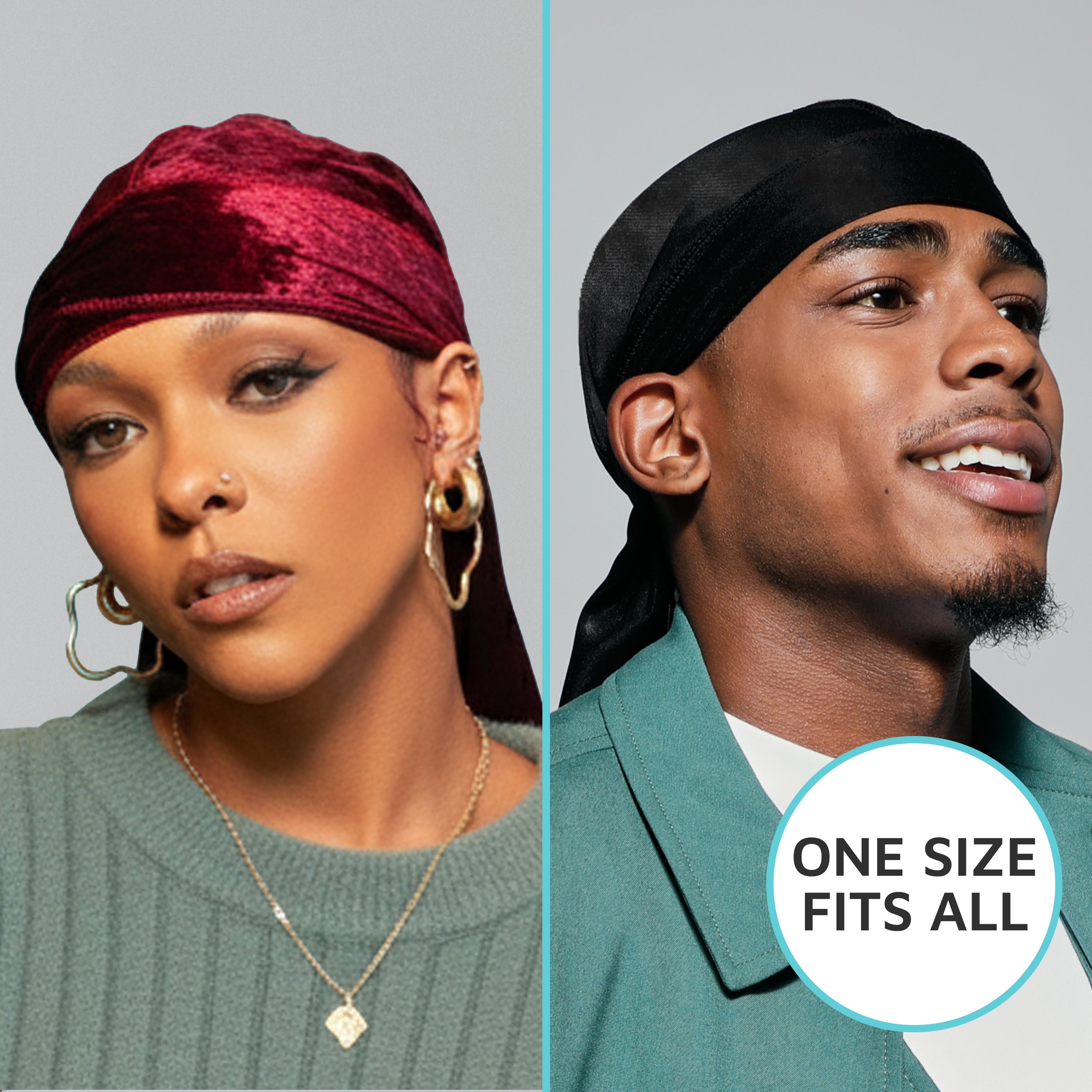 Side-by-side portraits of a woman wearing a burgundy velvet durag and a man wearing a black durag, with text "One Size Fits All."