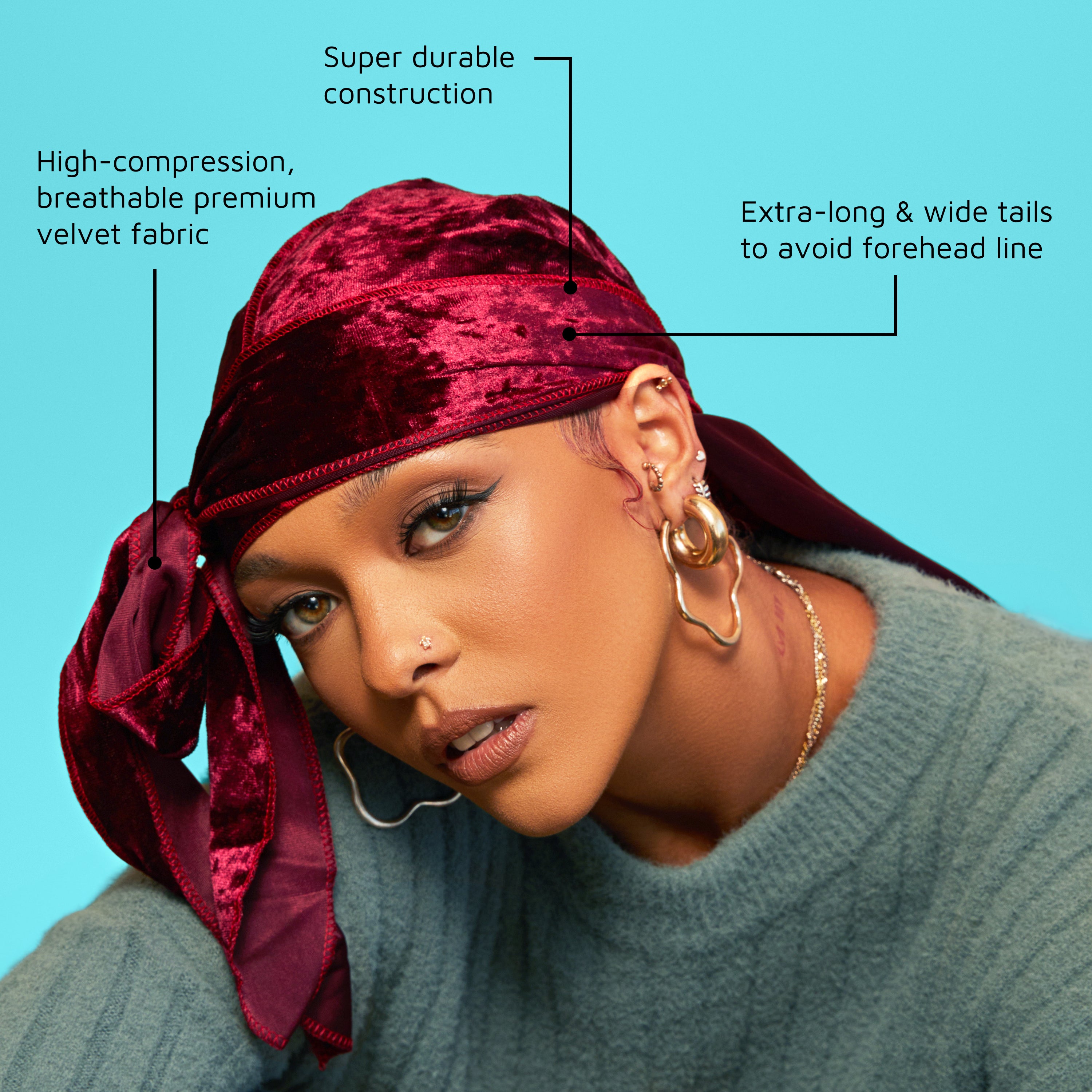 Woman wearing a deep red velvet durag with a bow on the side, styled to avoid forehead lines; highlighted features include breathable fabric, durable construction, and extra-long wide tails.