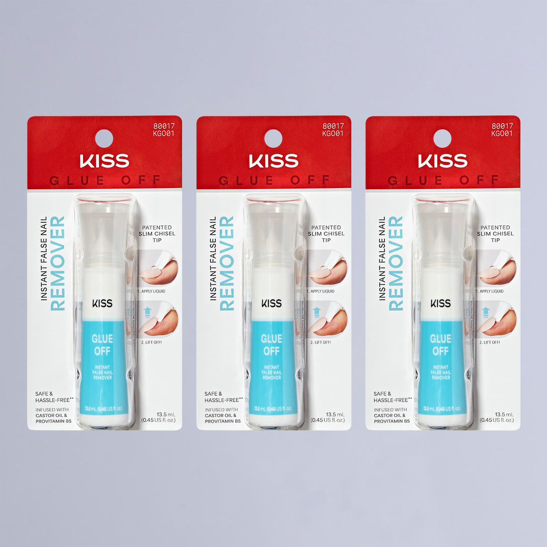 Three KISS Glue Off Instant False Nail Remover bottles in red and white packaging with blue liquid, featuring a patented slim chisel tip and easy two-step use instructions.