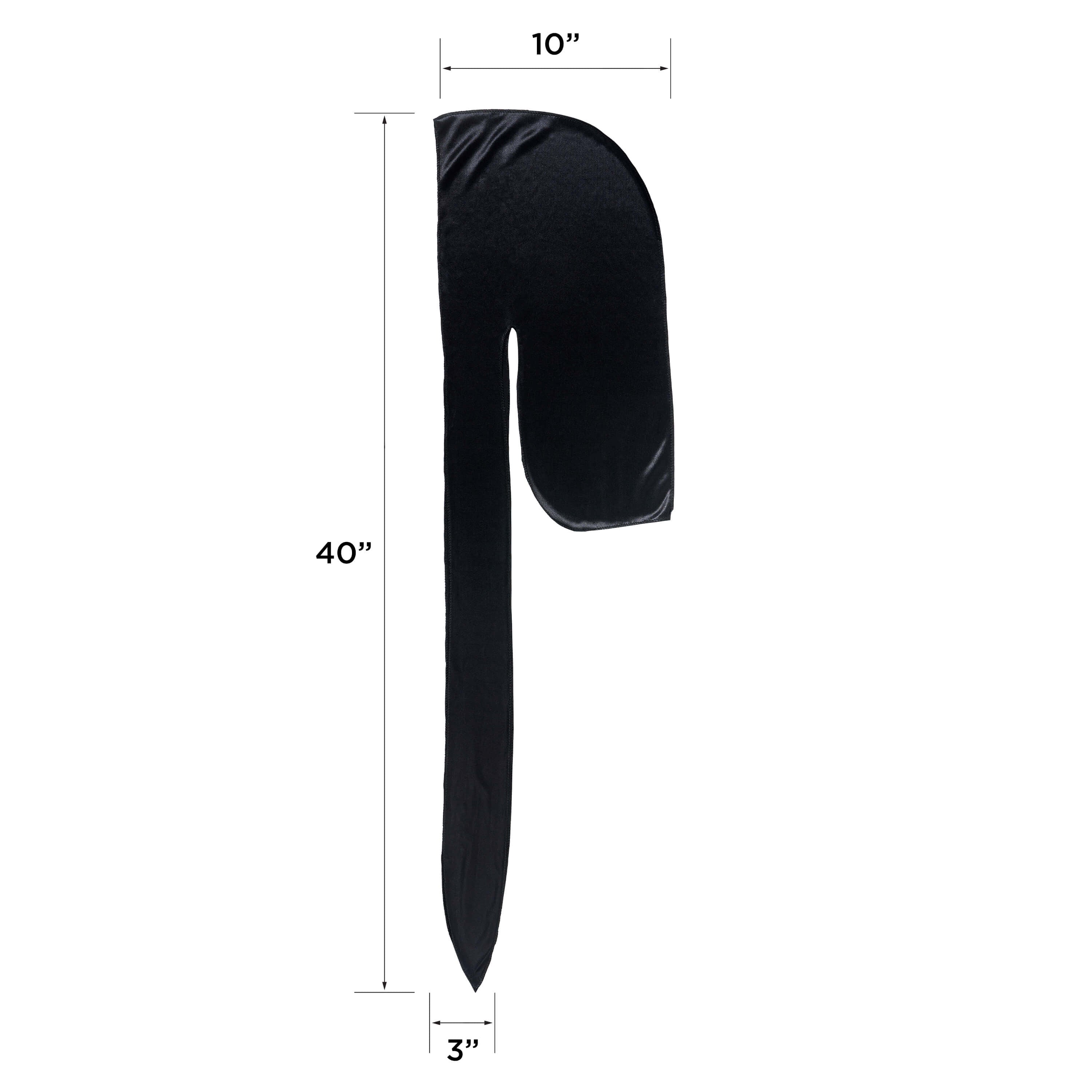 Black silky satin durag laid flat, showing dimensions: 40 inches long, 10 inches wide, and 3 inches at the narrow end.