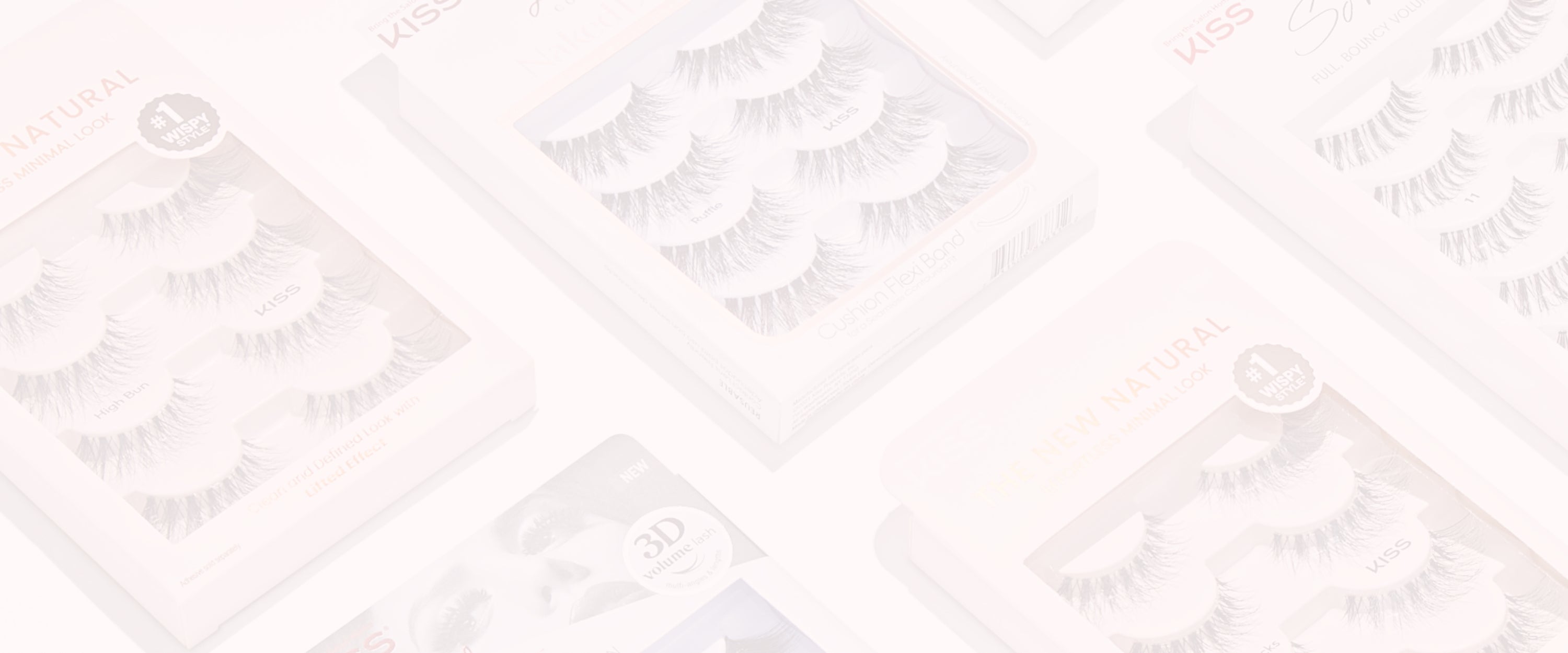 KISS false eyelash sets in packaging arranged on white background
