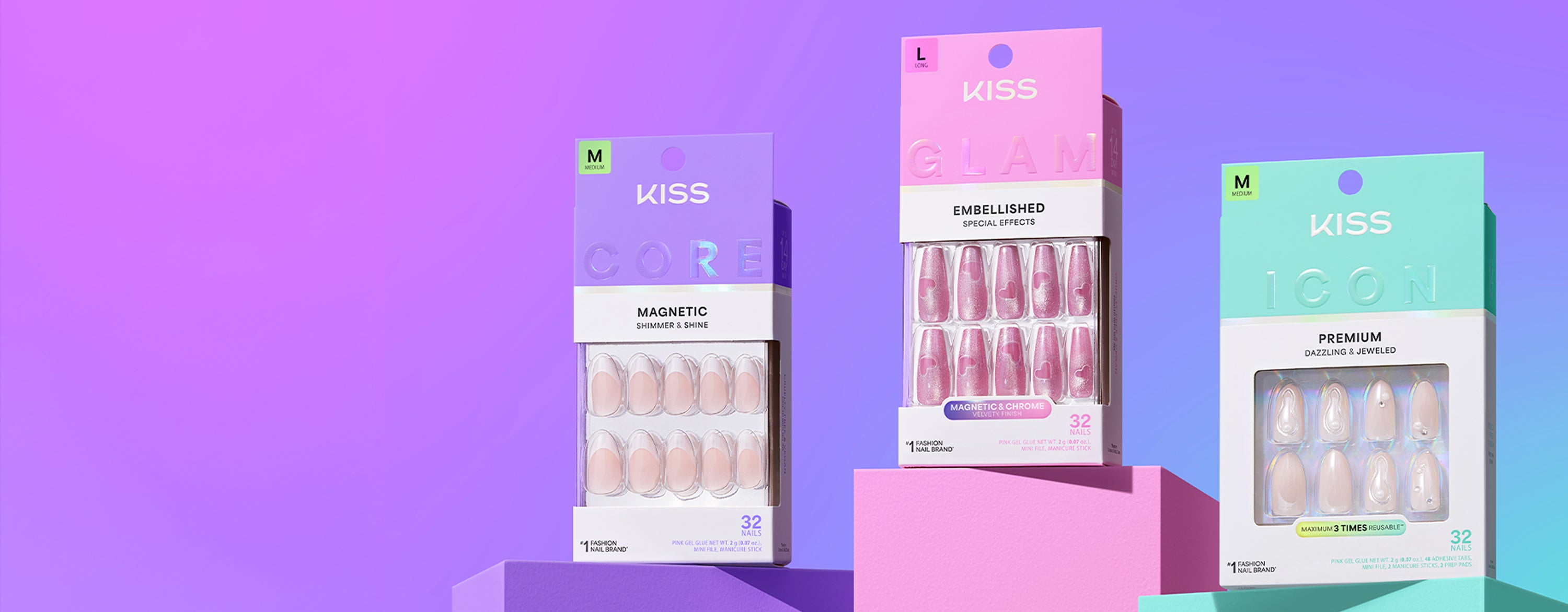 Three KISS nail product boxes displayed: Core Magnetic, Embellished, and Icon Premium collections against purple background.