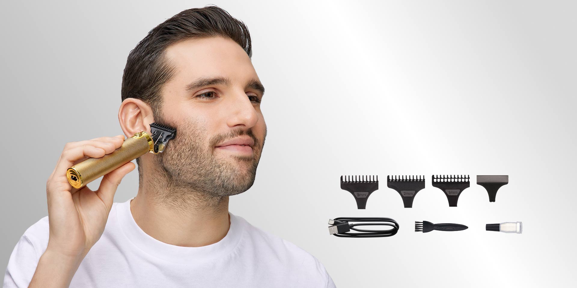 Man using gold cordless beard trimmer with interchangeable guards and accessories displayed.