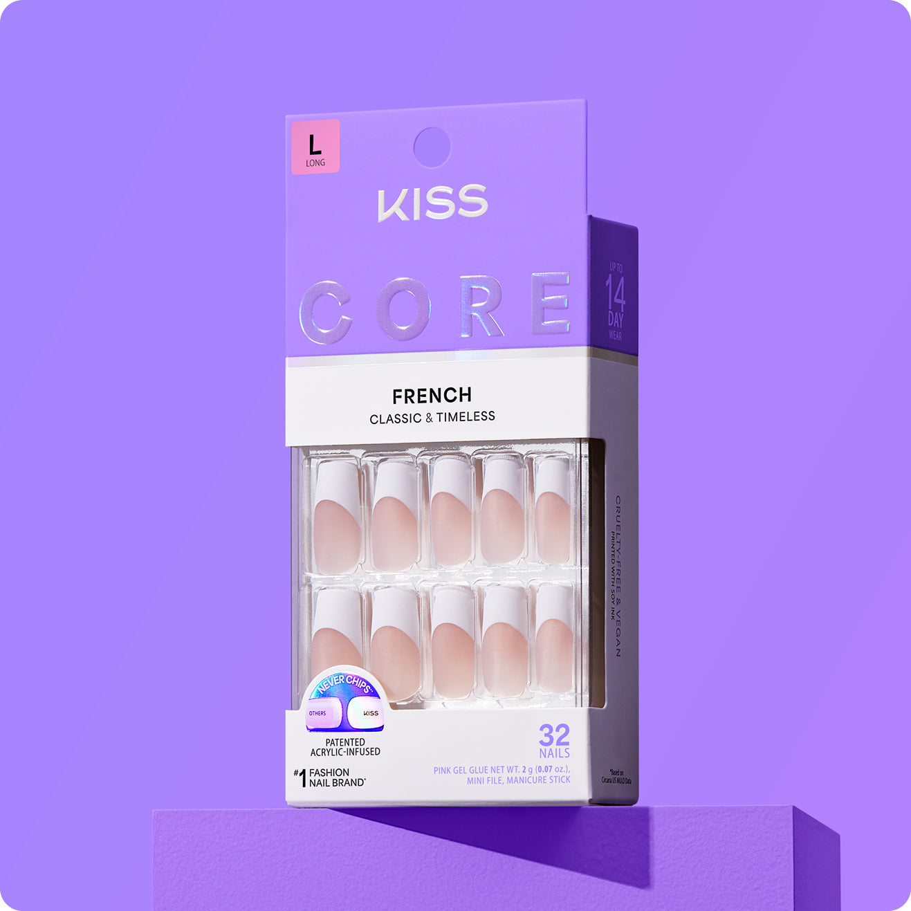 KISS Core French Classic & Timeless press-on nails, 32 count, long length with pink gel glue.