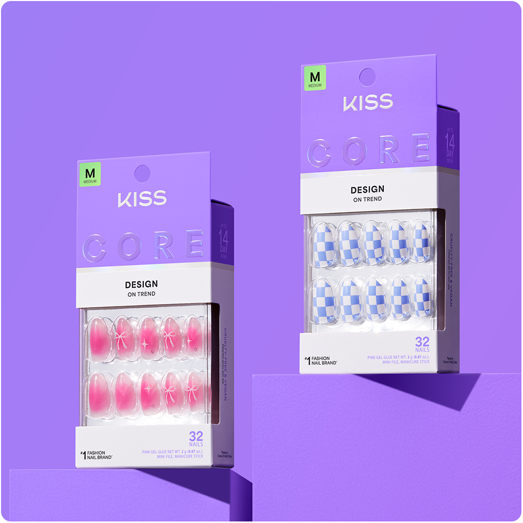 KISS Core nail sets in pink and blue checkered designs with 32 nails each on purple background.