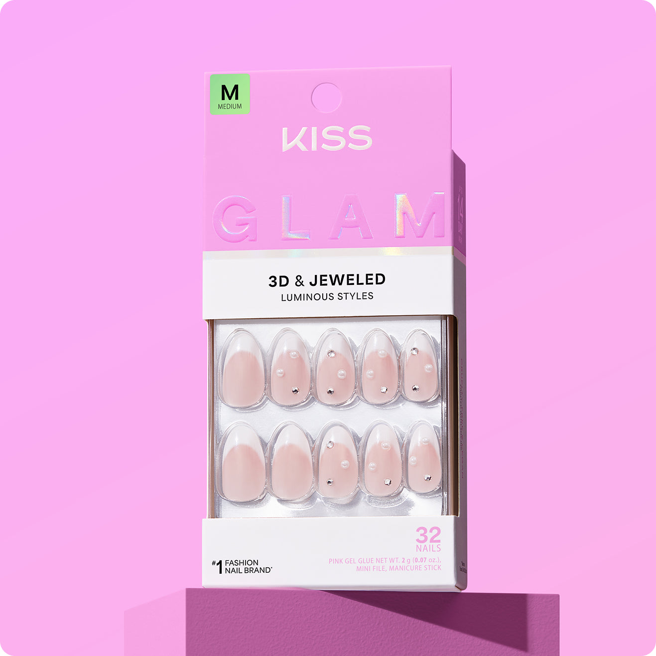 KISS Glam 3D & Jeweled false nails in Medium size, 32 count package.