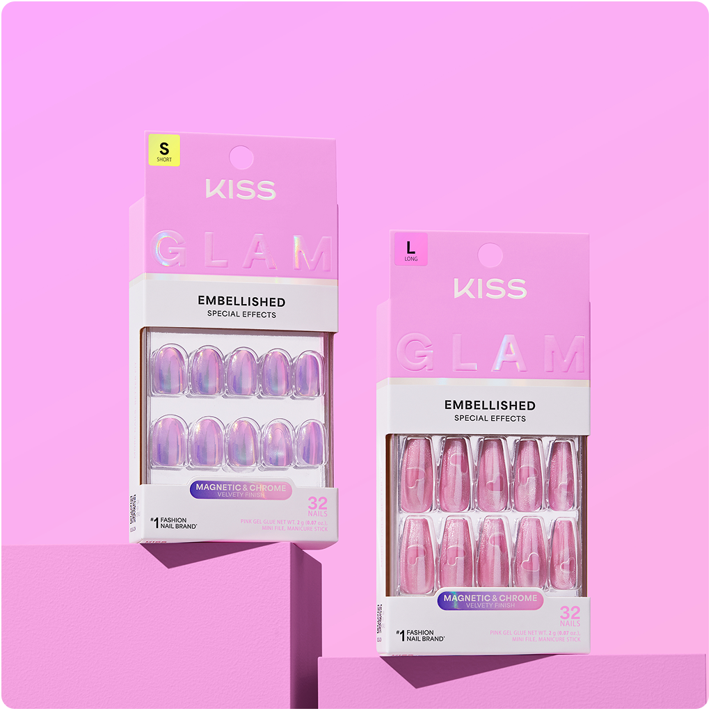 KISS Glam Embellished press-on nails in purple and pink with magnetic chrome effects.