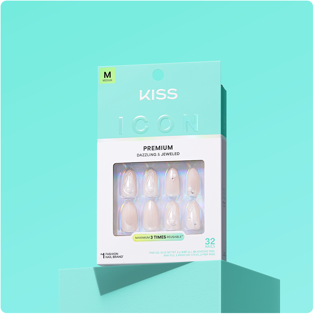 KISS Icon Premium press-on nails, Medium size, dazzling jeweled design with 32 nails.