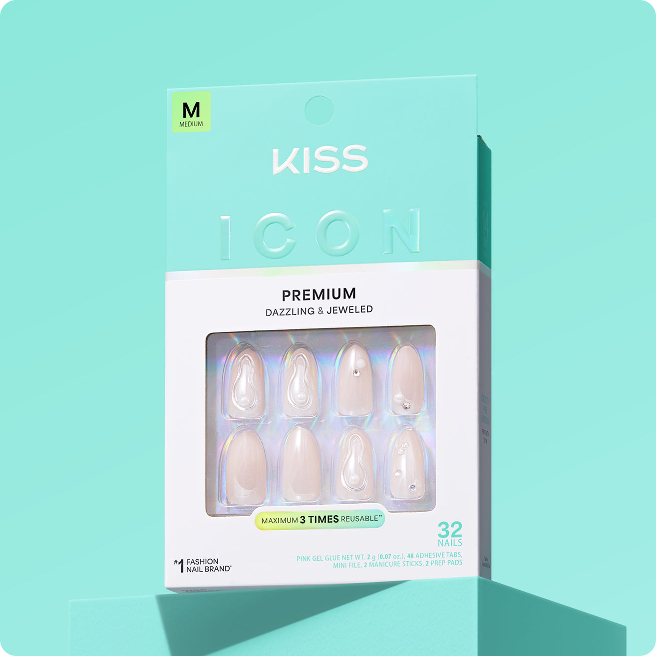 KISS Icon Premium Dazzling & Jeweled Medium Fake Nails, 32 Count