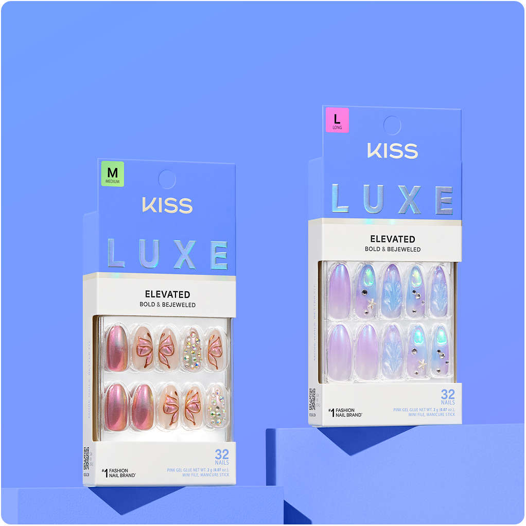 KISS Luxe Elevated nail sets in Medium and Long sizes with bold, bejeweled designs.