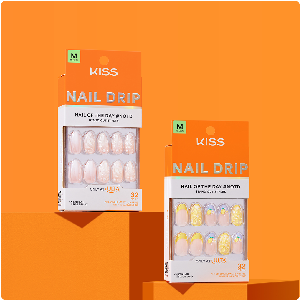 KISS Nail Drip press-on nails in two designs against orange background.