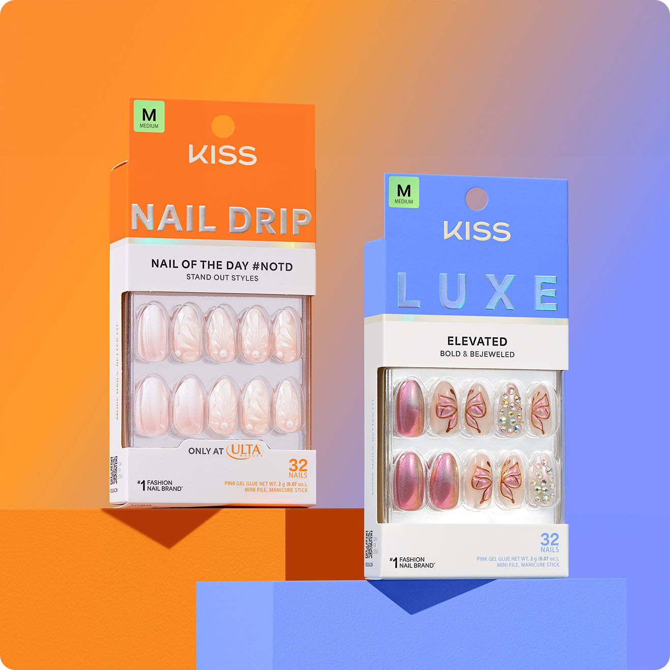 Two KISS nail collections: Nail Drip and Luxe with 32 nails each on colorful background.