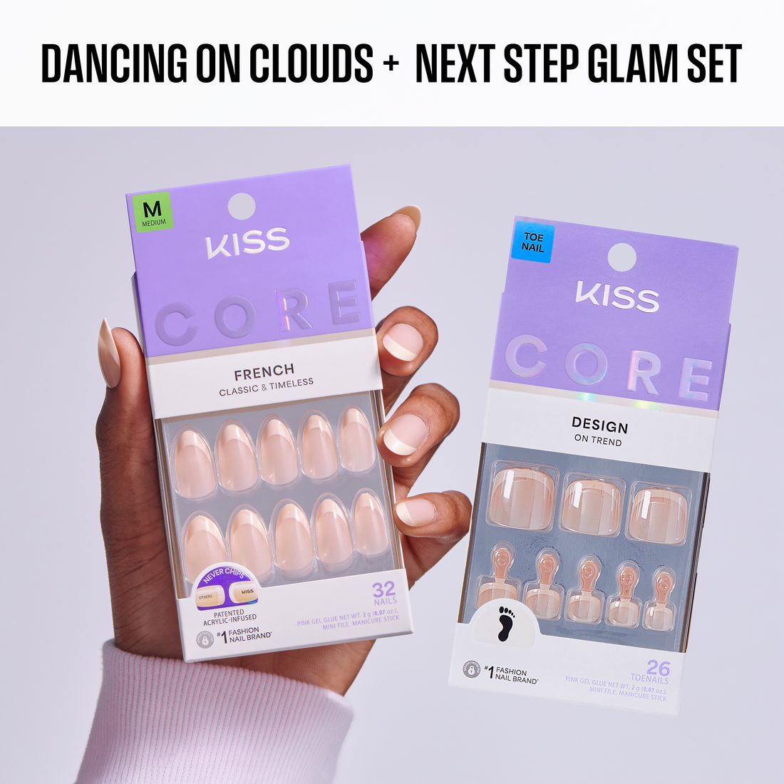 KISS Core nail art packages held by a hand with a light purple background