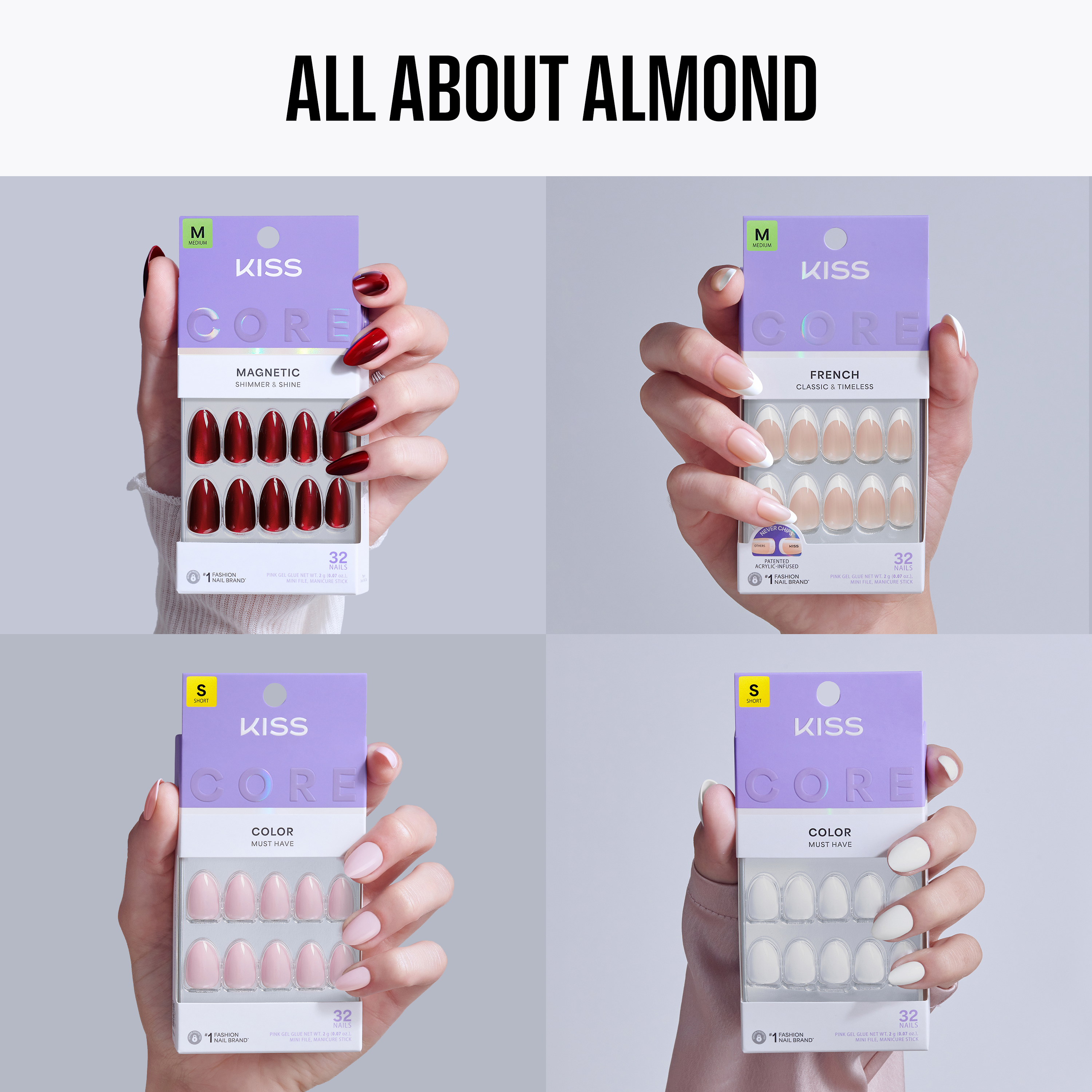 Four packages of Kiss nail art products held by hands with different nail colors on a gray background.