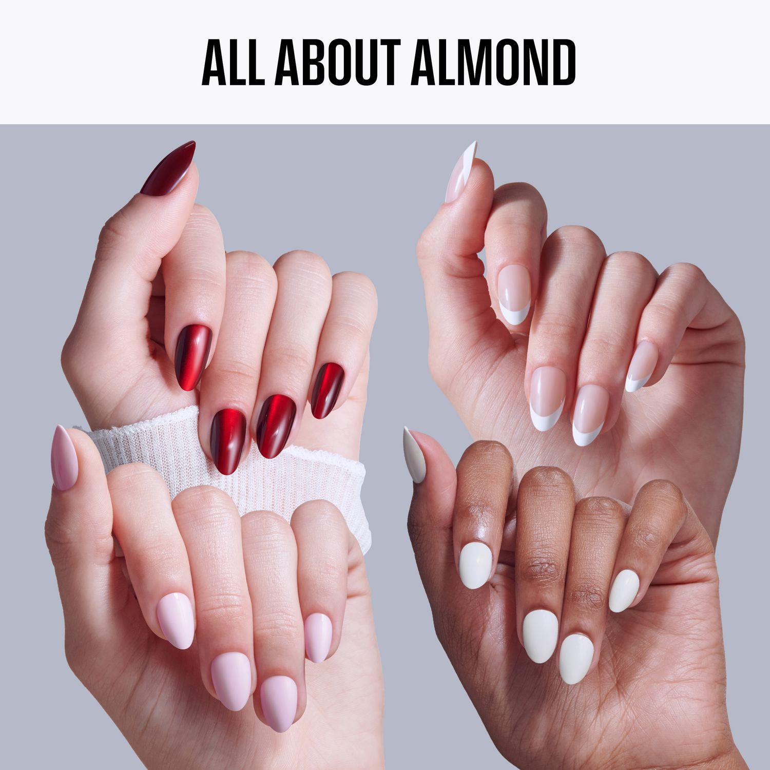 Two hands with different nail polish colors on a gray background, labeled &