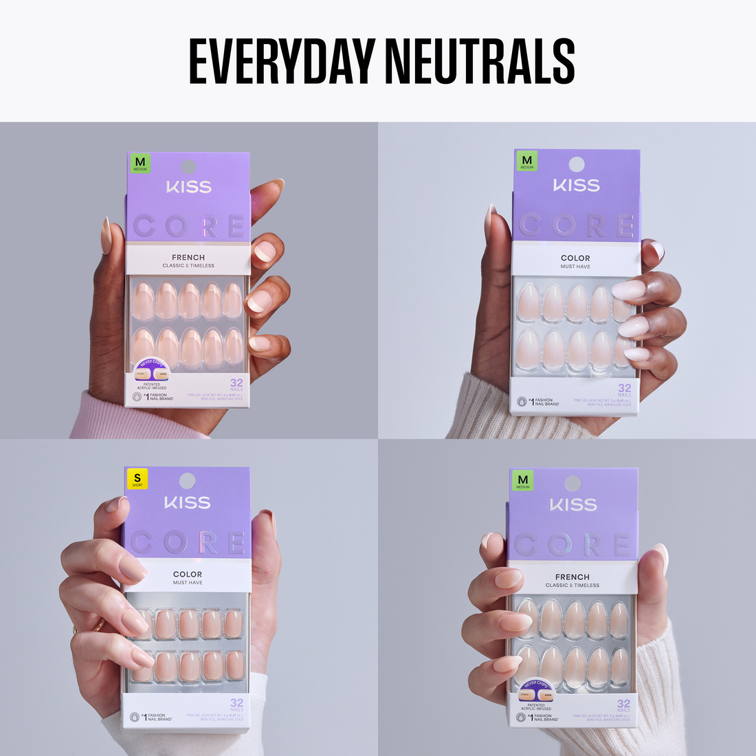 Four hands holding packages of Kiss Core Color nail extensions with &