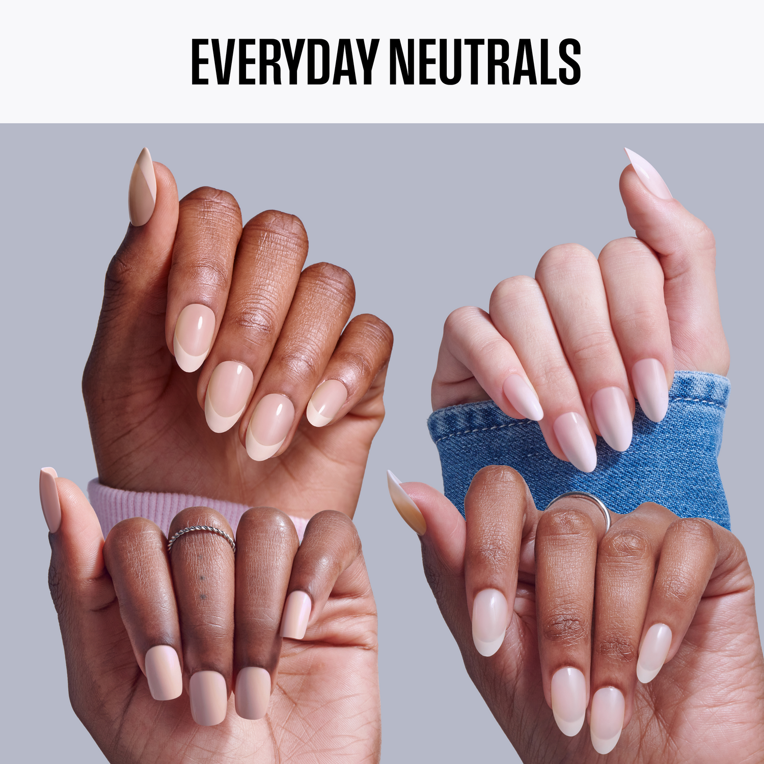 Three hands with beige nail polish against a gray background, labeled &