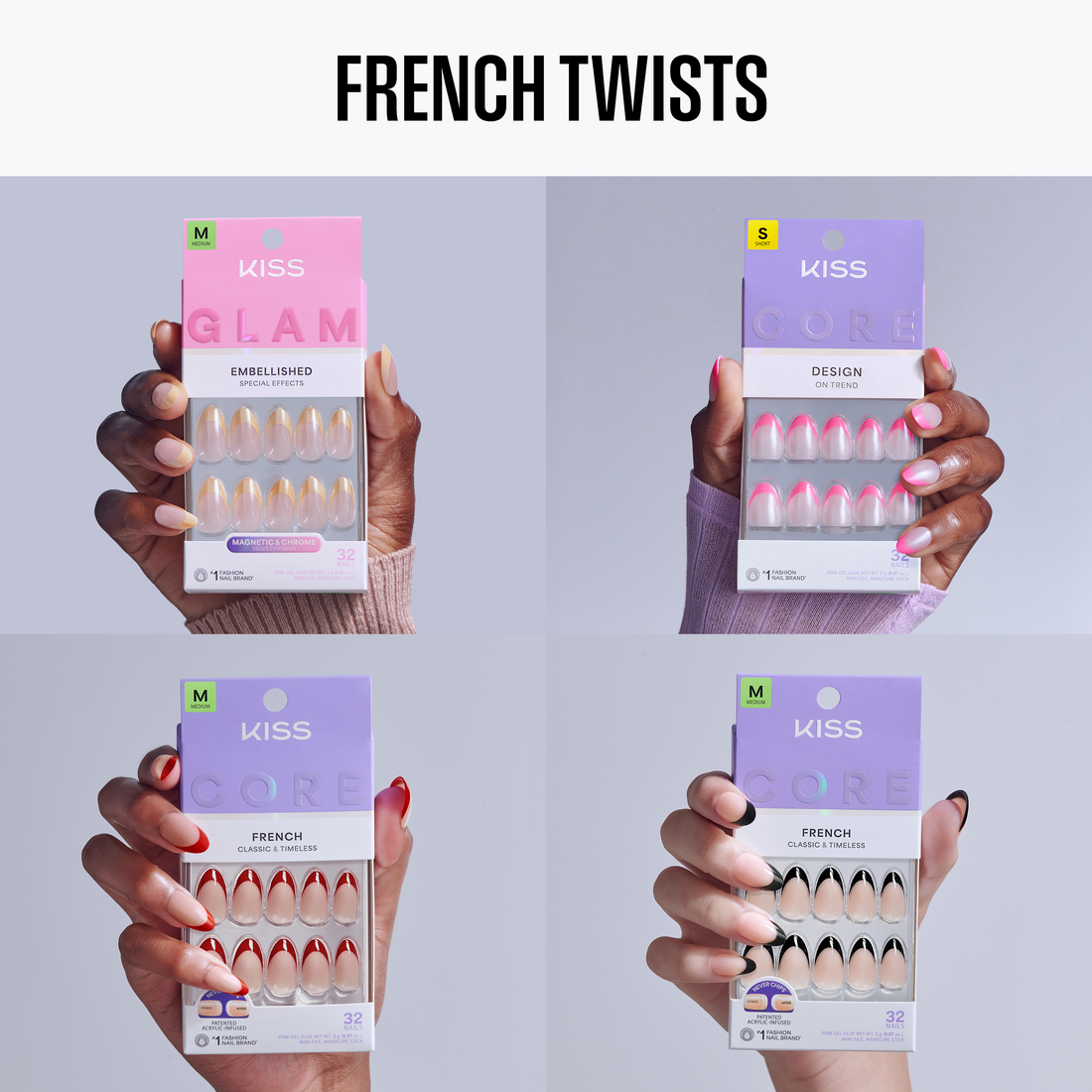 Four packages of Kiss French twists nail extensions held by different hands against a gray background.