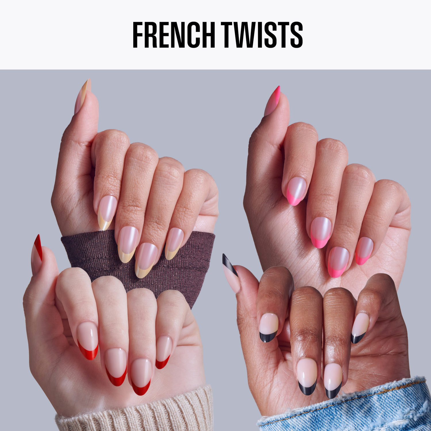 Three hands with various nail polish colors on a gray background, labeled &