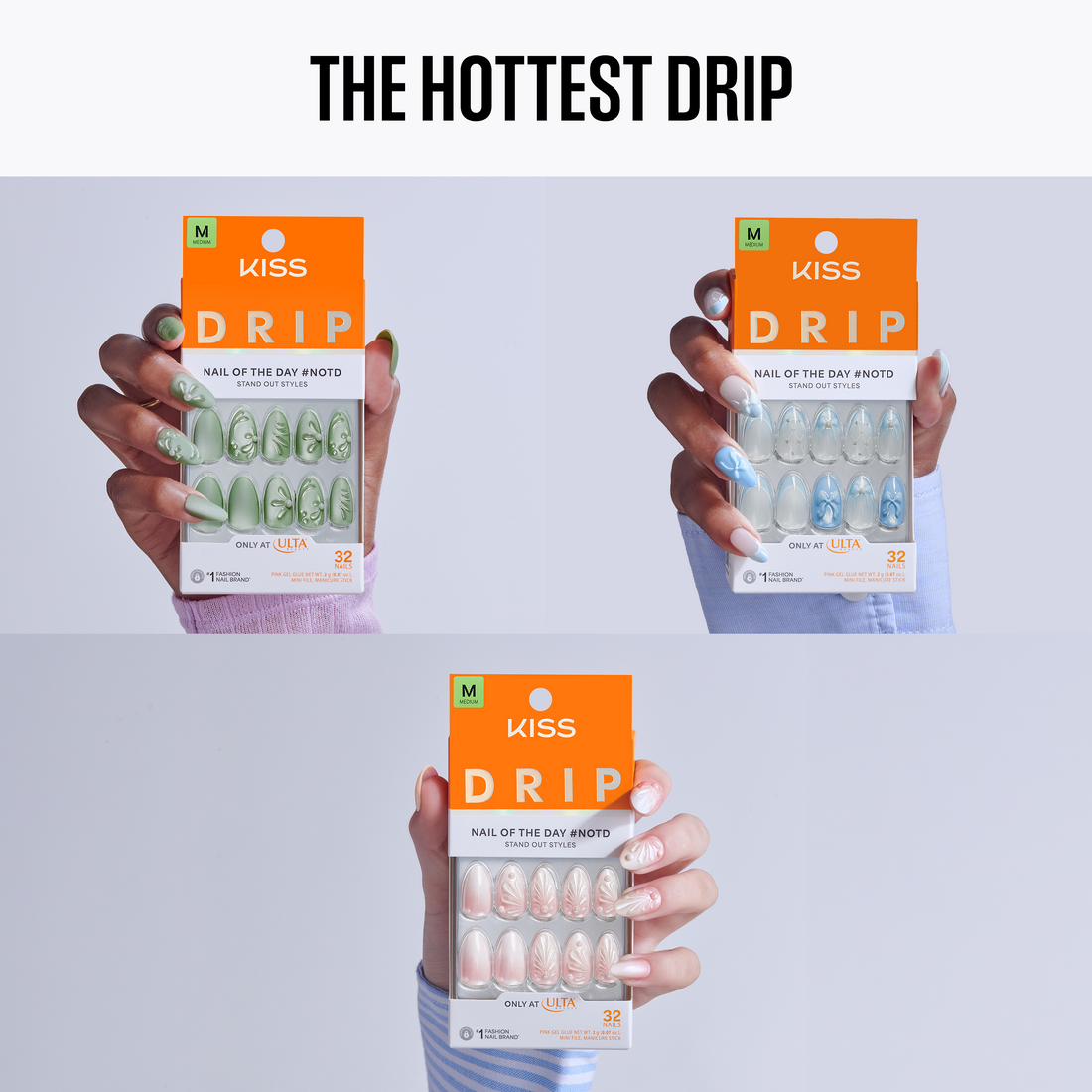 Three packages of Kiss Drip nail art with hands holding them against a light gray background.