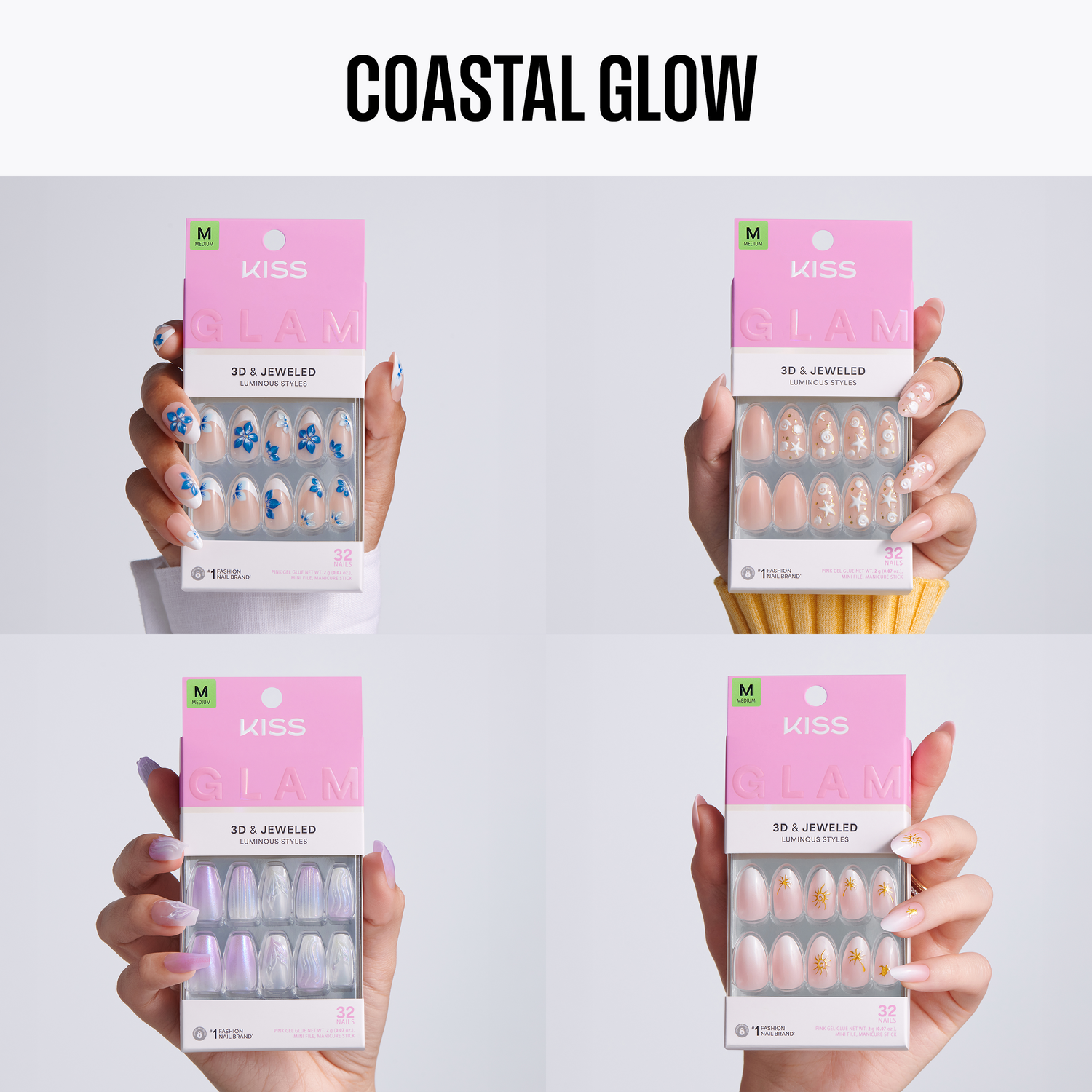 Four hands holding packages of Kiss Glam 3D Jeweled nail extensions with &