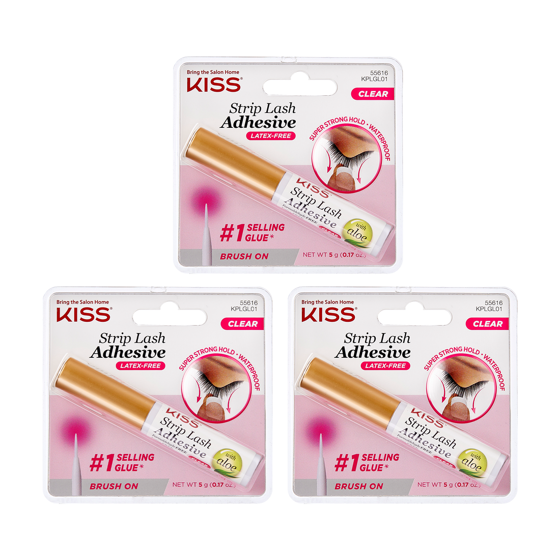 Three-pack of KISS Strip Lash Adhesive in clear, each in white and gold tubes. Packaging highlights latex-free, brush-on glue with aloe, waterproof with super strong hold.