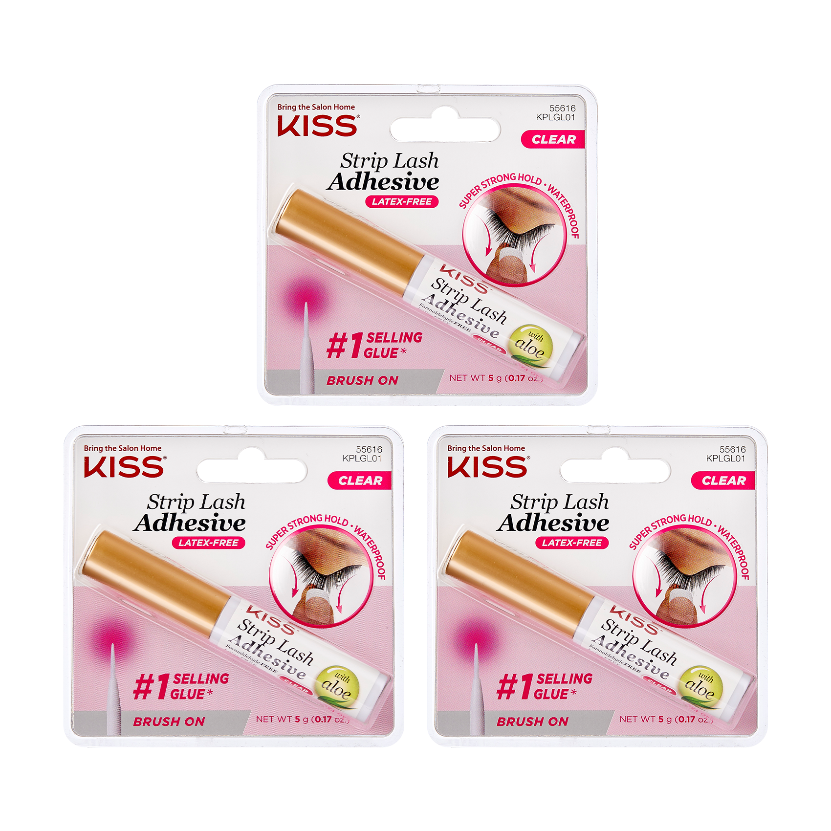 Three-pack of KISS Strip Lash Adhesive in clear, each in white and gold tubes. Packaging highlights latex-free, brush-on glue with aloe, waterproof with super strong hold.
