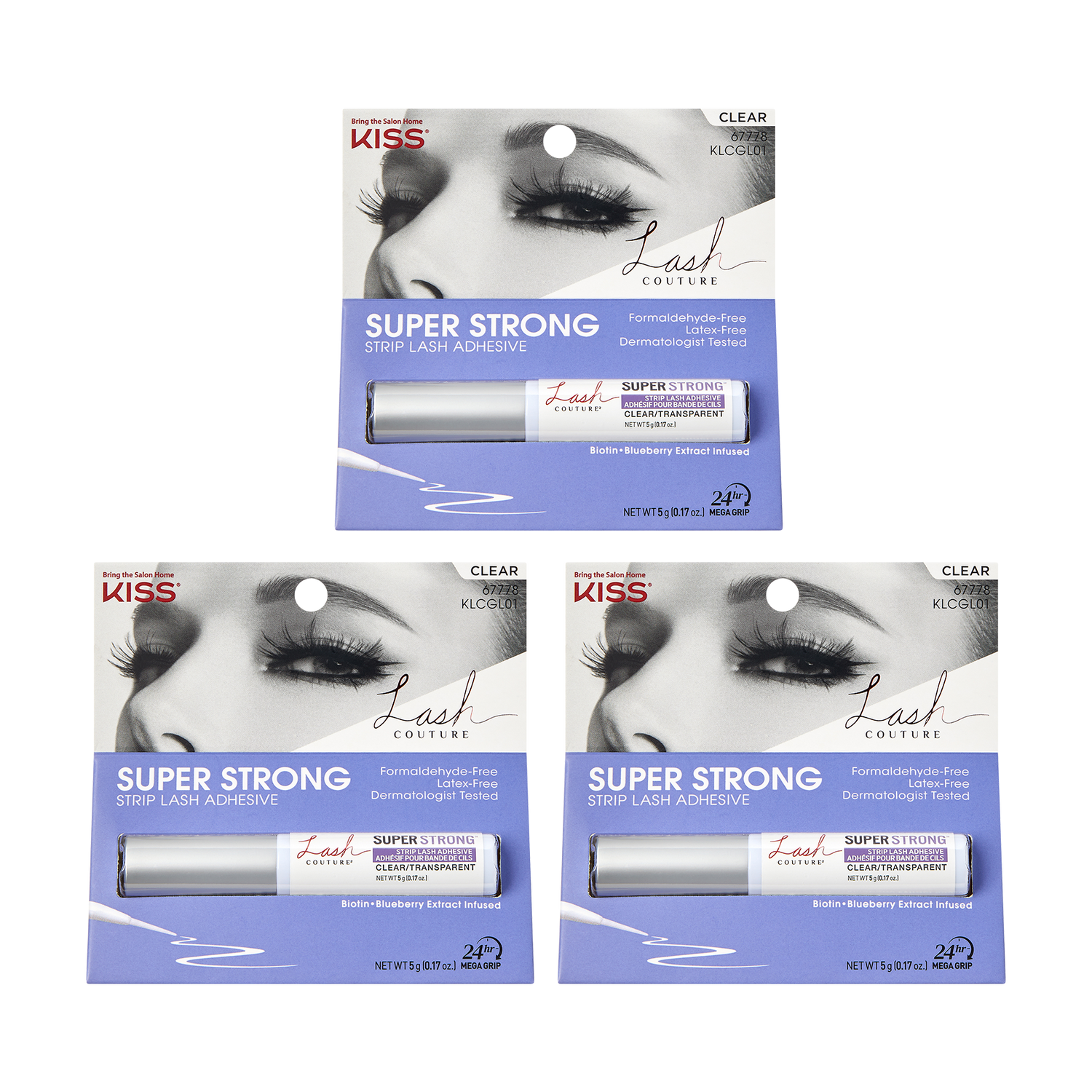 KISS Lash Couture Strip Lash Adhesive clear in three individual 5g tubes, with packaging highlighting super strong hold, dermatologist tested, and biotin + blueberry extract infusion.