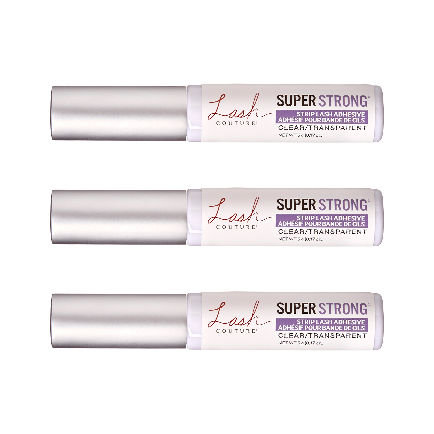Three identical tubes of KISS Lash Couture Strip Lash Adhesive with silver caps, labeled \