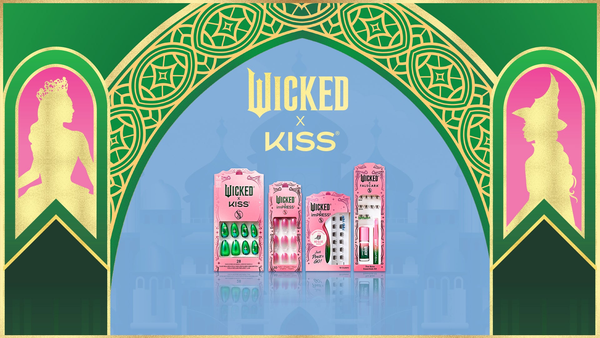 Wicked x KISS cosmetics collection featuring nail art and mascara products in pink packaging.