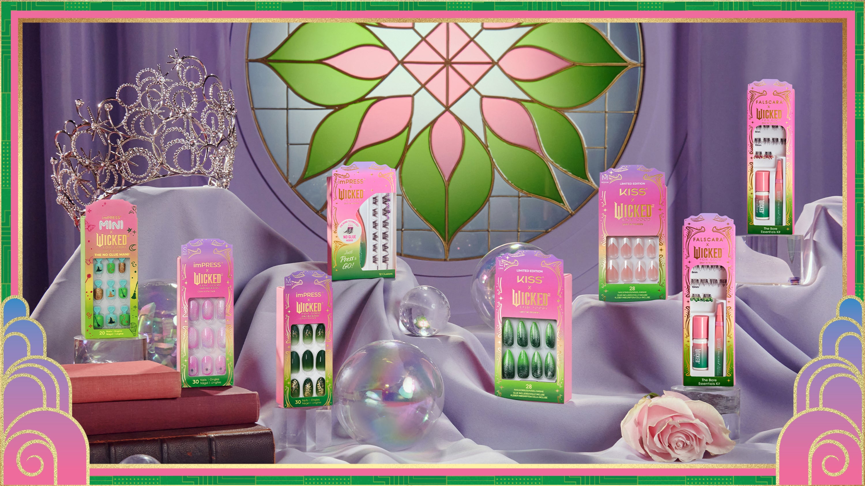 KISS Wicked collection nail products display with pink and green packaging on purple backdrop.