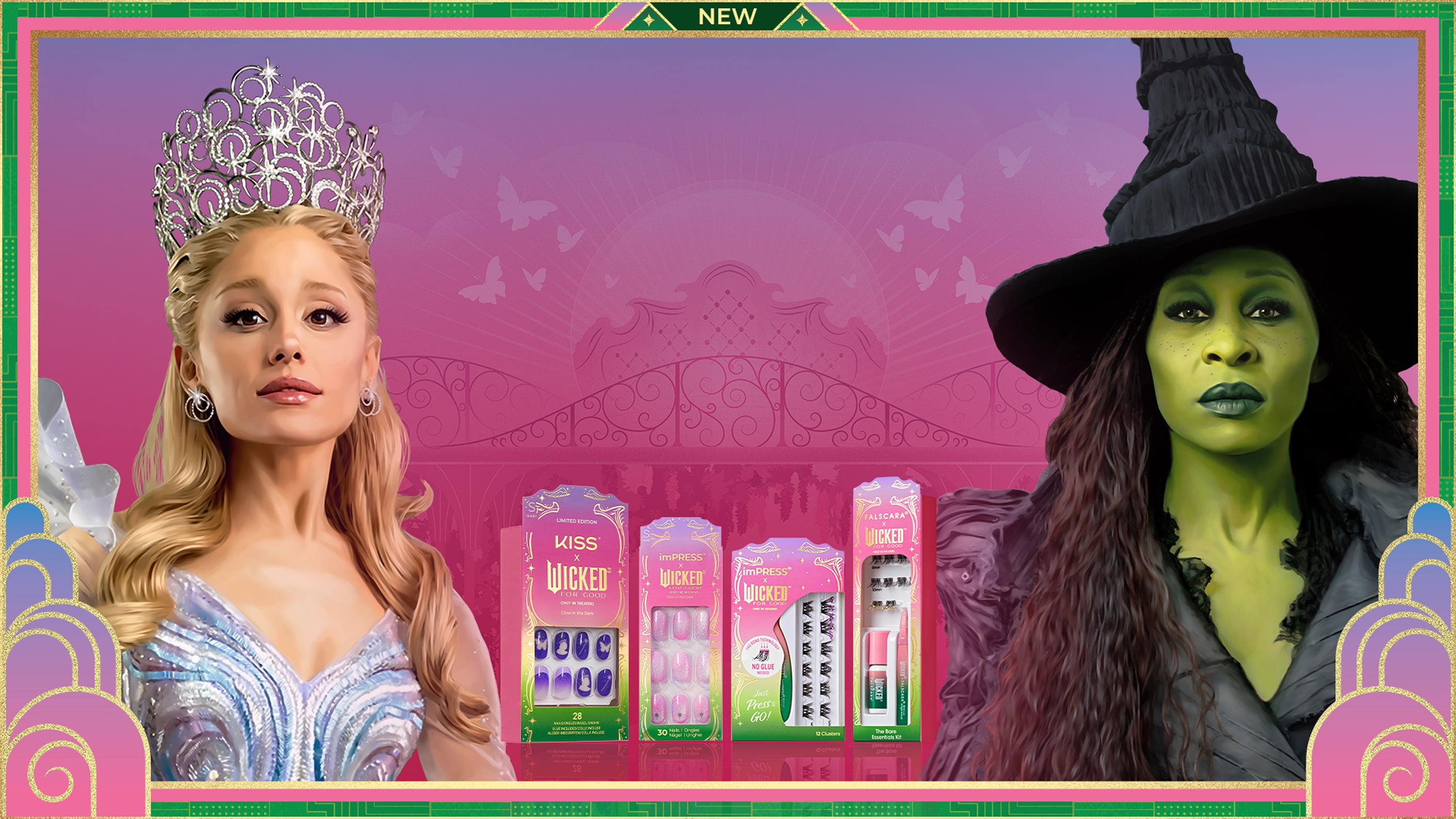 KISS Wicked nail collection display with glam good witch and wicked witch characters on pink background.