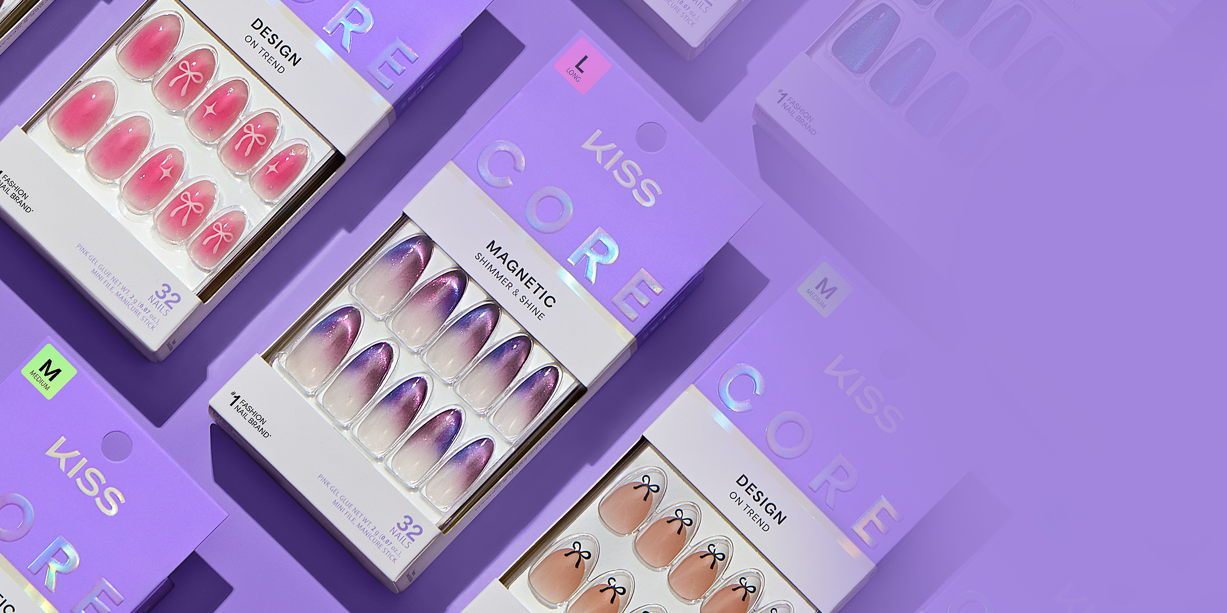 Nail art design sheets with 'Kiss' branding on a purple background