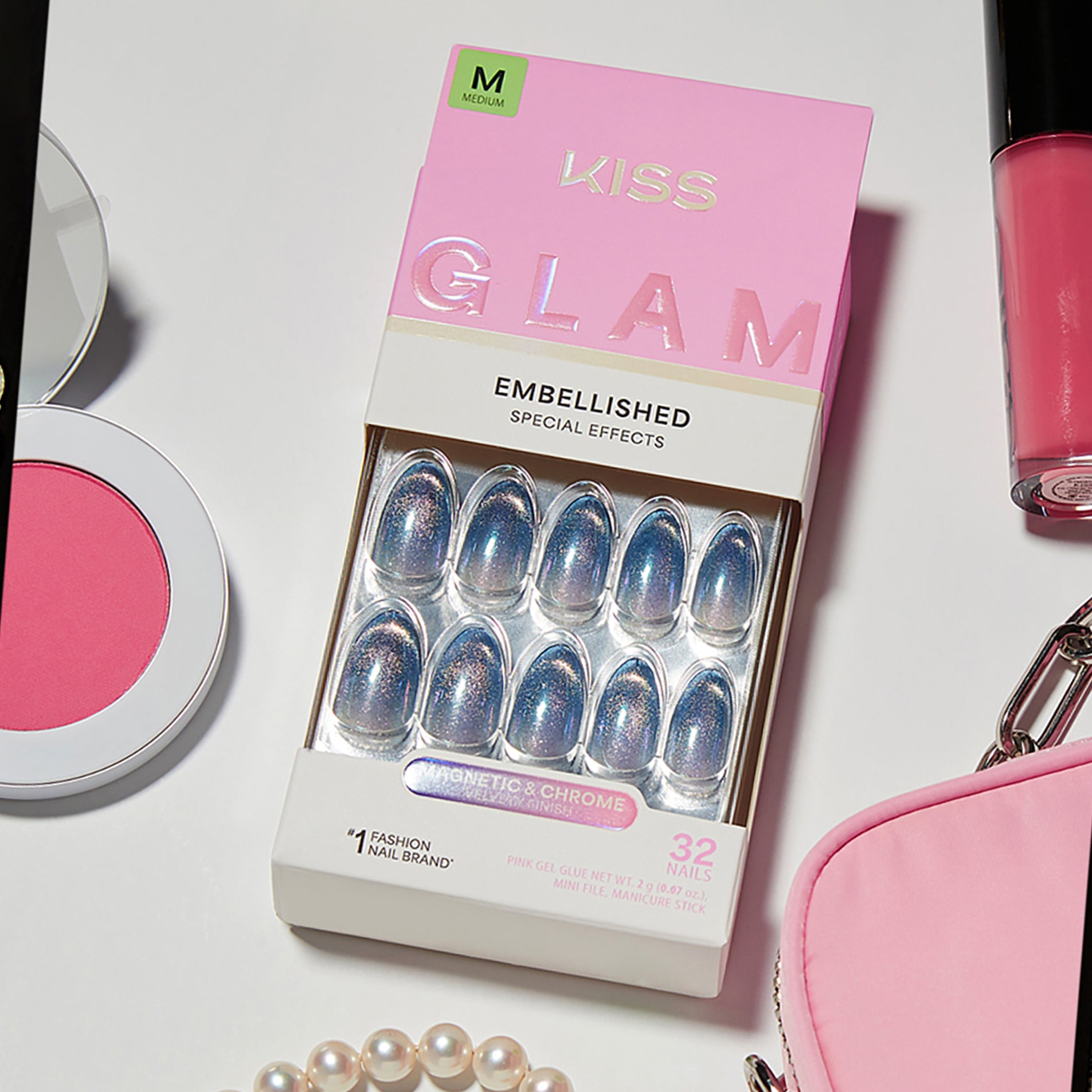 Kiss Glam embellished nail art kit with pink packaging on a white background