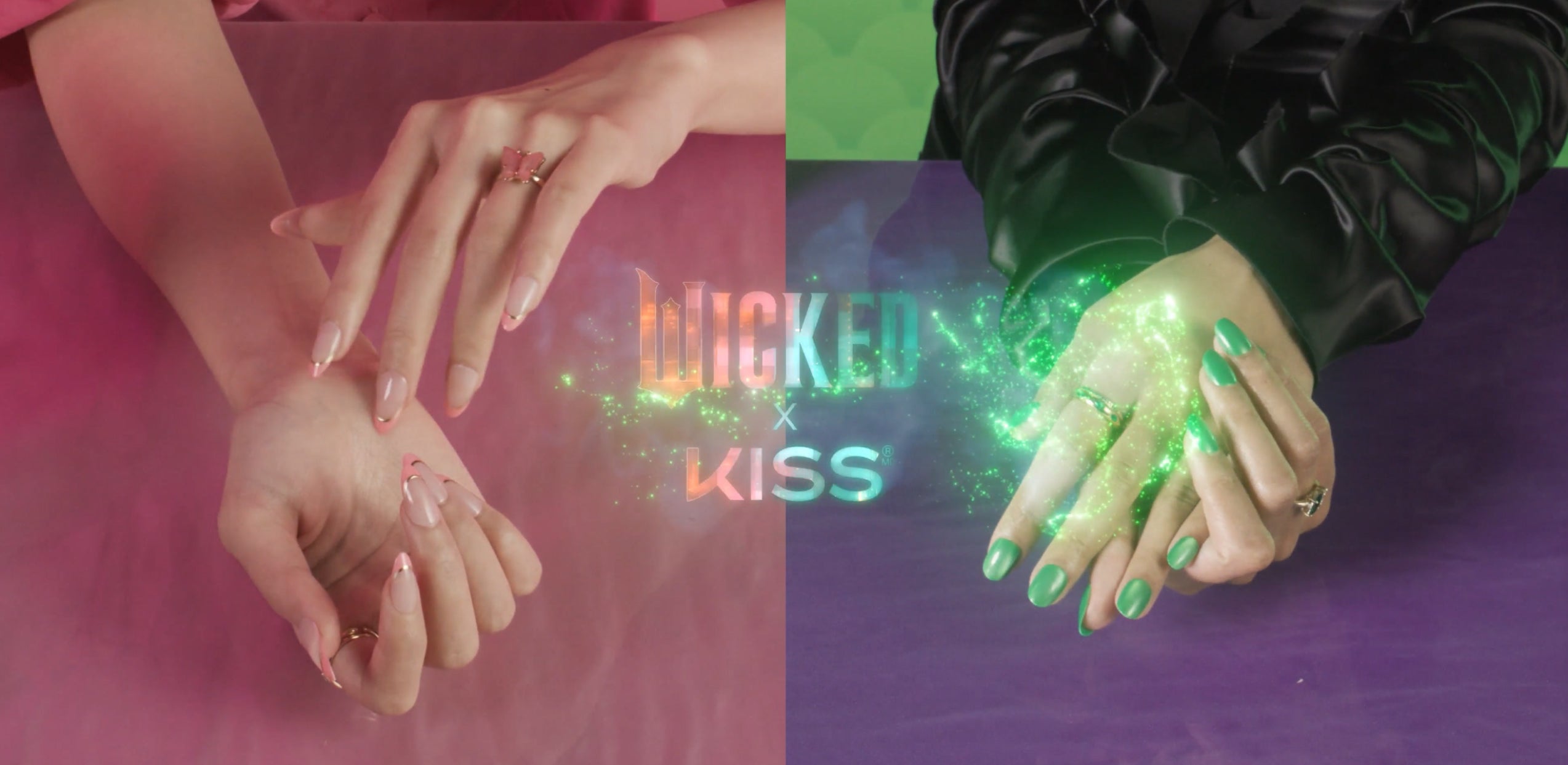 KISS Wicked nails: pink and green manicure designs with sparkle effects and "WICKED x KISS" text.