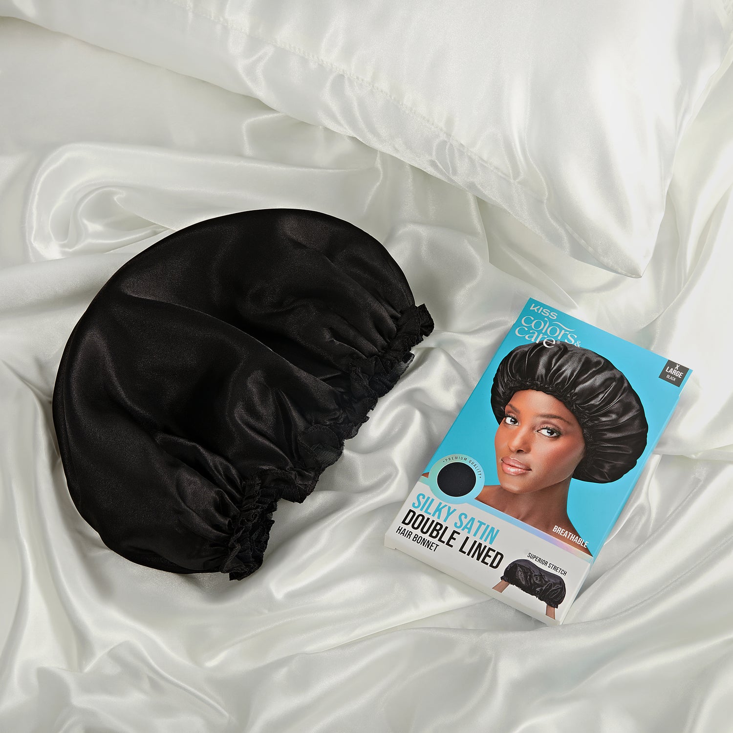 Kiss Colors &amp; Care Silky Satin X-Large Bonnet Cap - Black | Extra-Large, Silk Bonnet, Sleep Bonnet, Hair Accessories