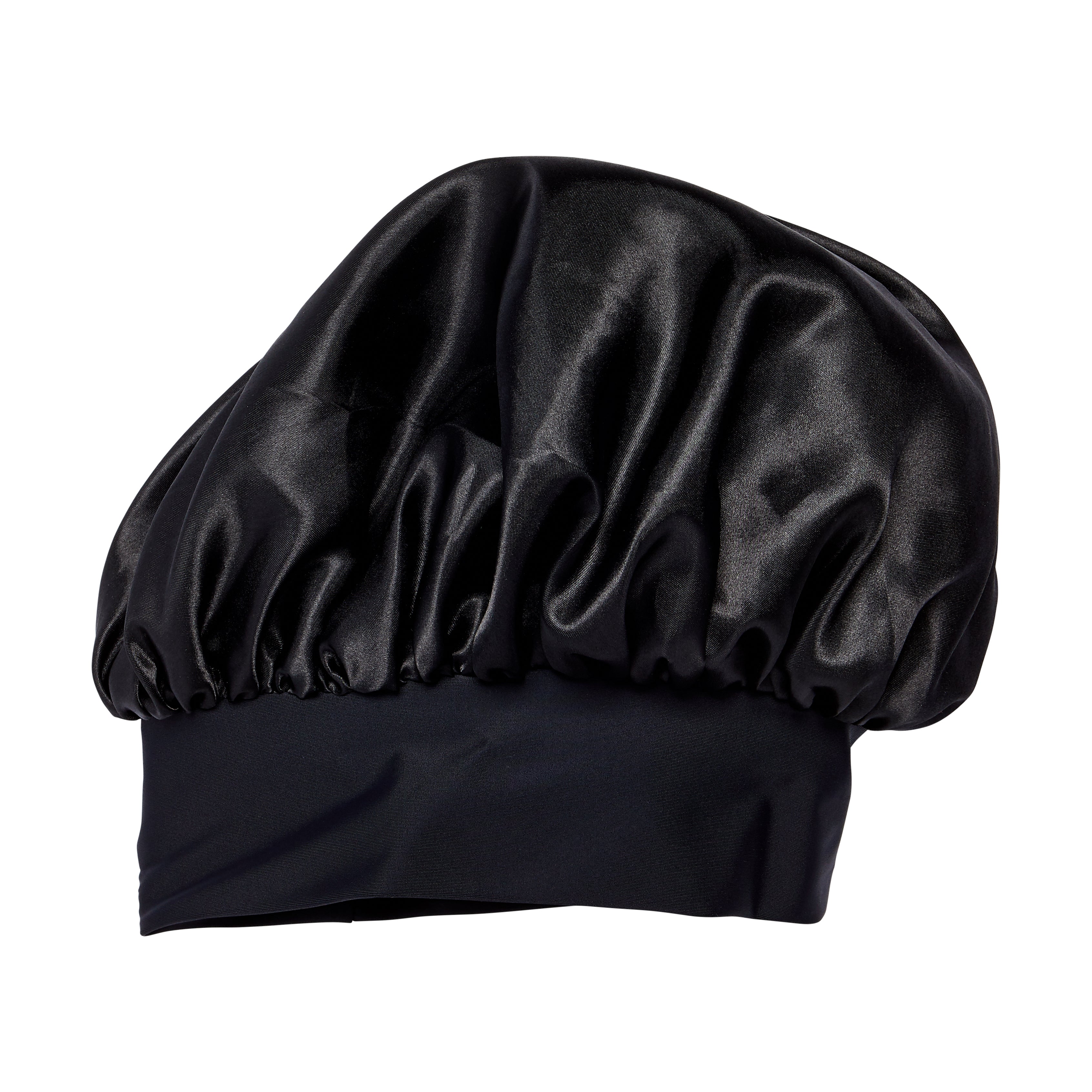 Black satin bonnet with elastic band and wide edge design for hair protection.