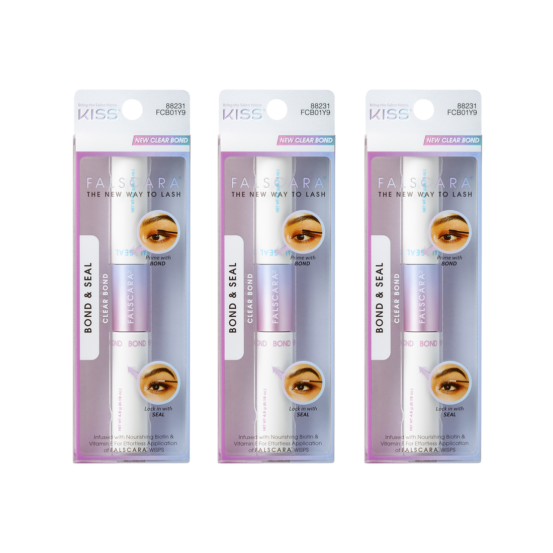 Three-pack of Falscara Bond &amp; Seal clear lash bond tubes in white and lavender packaging, with instructions to prime with bond and lock in with seal.
