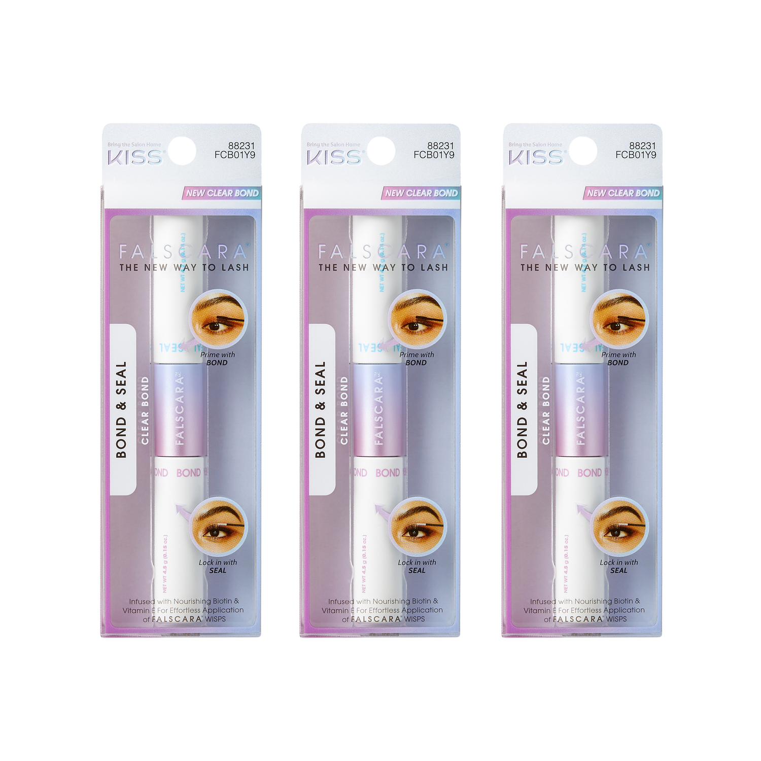 Three-pack of Falscara Bond &amp; Seal clear lash bond tubes in white and lavender packaging, with instructions to prime with bond and lock in with seal.