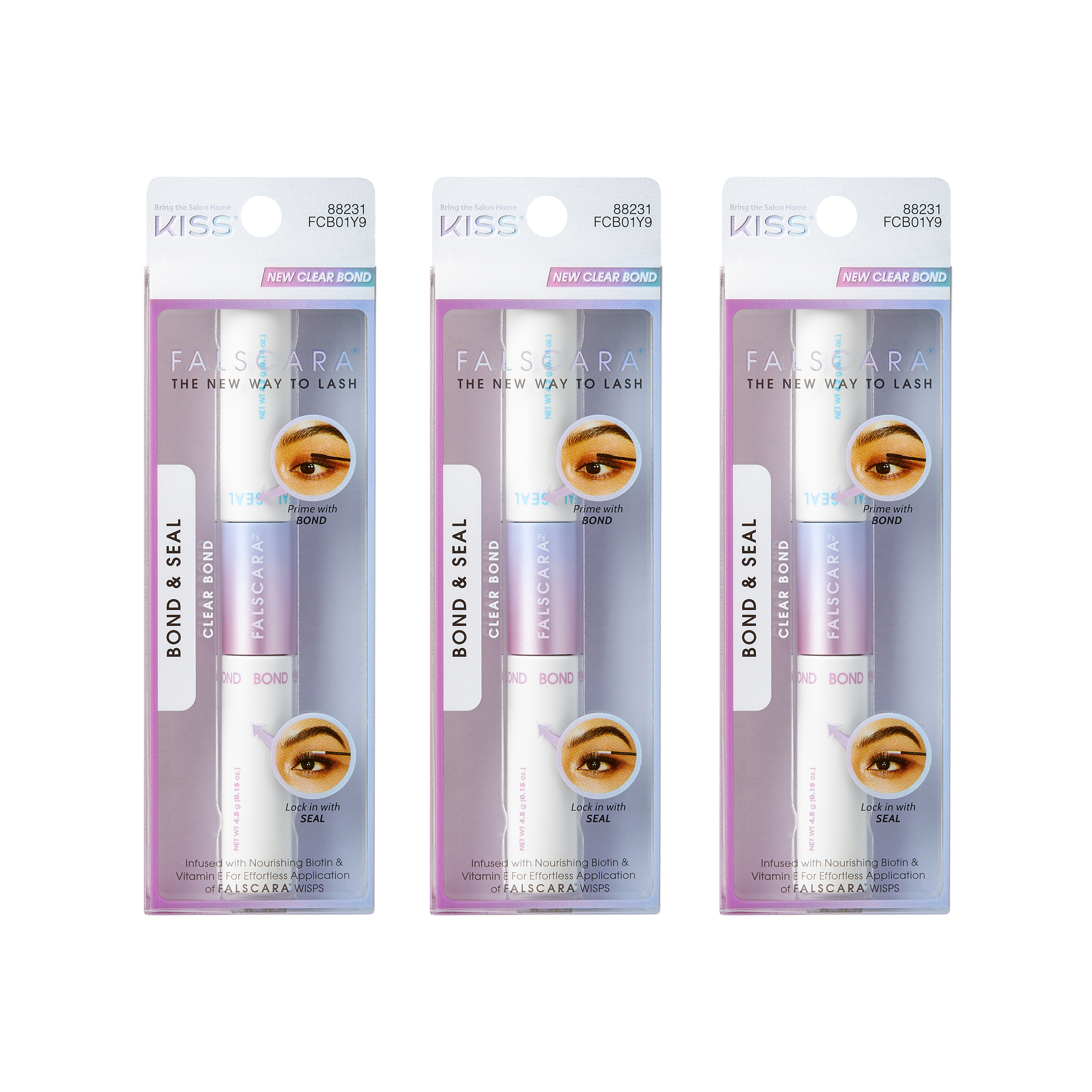 Three-pack of Falscara Bond &amp; Seal clear lash bond tubes in white and lavender packaging, with instructions to prime with bond and lock in with seal.