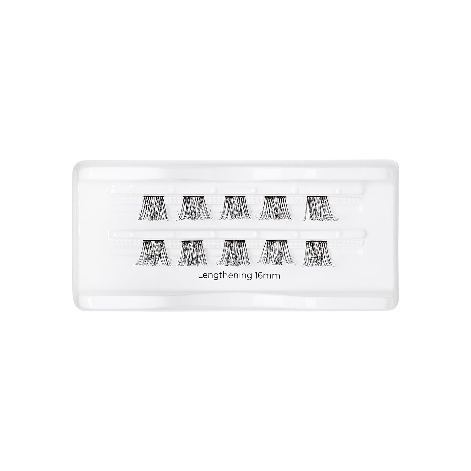 Clear plastic tray holding ten clusters of black lengthening false eyelash wisps arranged in two rows, labeled \