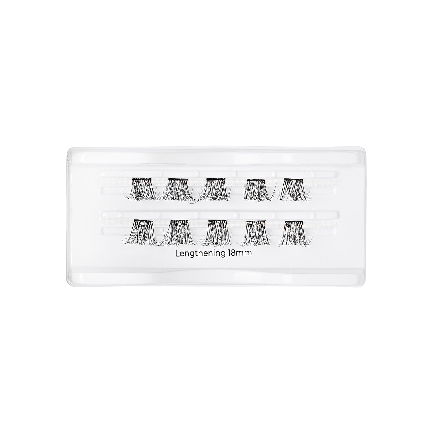 Plastic tray holding ten small clusters of black false eyelash extensions arranged in two rows, labeled \